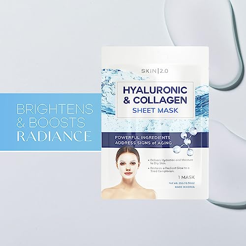 Hyaluronic Acid and Collagen Sheet Face Mask - Boosts Moisture, Skin Firming, Reduces Signs of Aging, Hydrating Sheet Mask - Cruelty Free Korean Skin Care For All Skin Types - 5 Masks