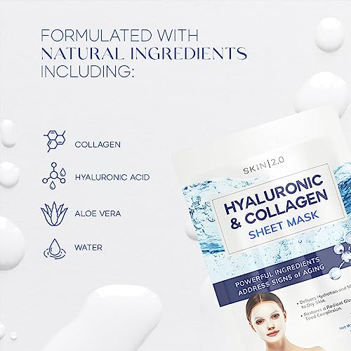 Hyaluronic Acid and Collagen Sheet Face Mask - Boosts Moisture, Skin Firming, Reduces Signs of Aging, Hydrating Sheet Mask - Cruelty Free Korean Skin Care For All Skin Types - 5 Masks