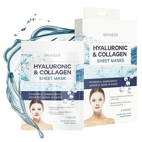 Hyaluronic Acid and Collagen Sheet Face Mask - Boosts Moisture, Skin Firming, Reduces Signs of Aging, Hydrating Sheet Mask - Cruelty Free Korean Skin Care For All Skin Types - 5 Masks